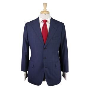 Edgar Pomeroy Bespoke Navy Blue Glen Plaid Wool Handmade Suit 38S